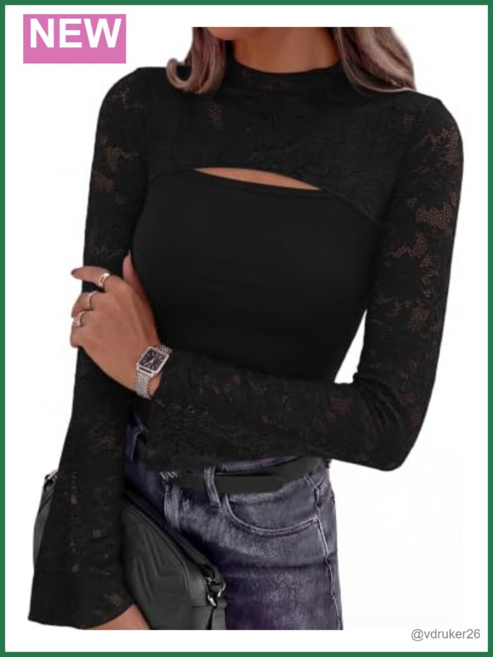 Bell Sleeve Lace Cut Out Mock Neck Fitted Top for Women